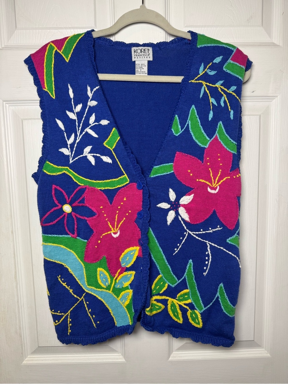 Vintage y2k Embroidered Floral Blue Button Up Knit Sweater Vest Feminine Whimsy